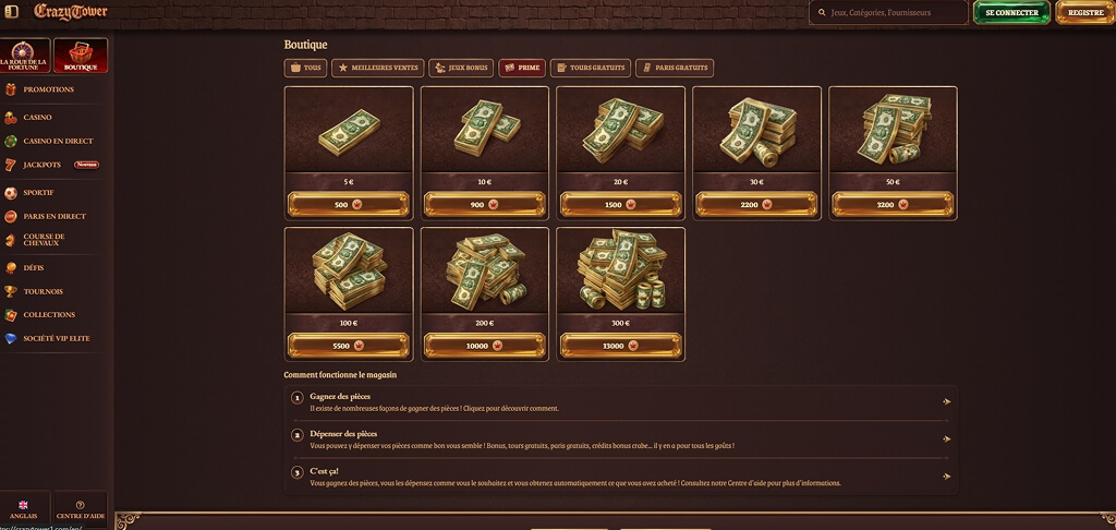 Boutique de bonus du casino CrazyTower FR