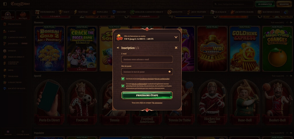 Inscription au casino CrazyTower FR